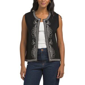 ELIE TAHARI Black/White The Cassia Open Front Sleeveless Jacket